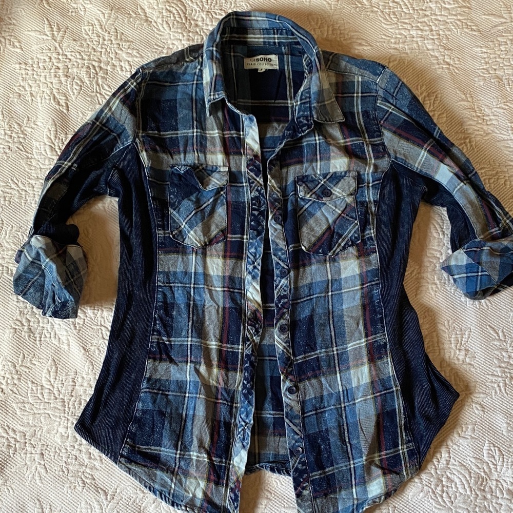 Ci Sono Navy and Light Blue Plaid Top